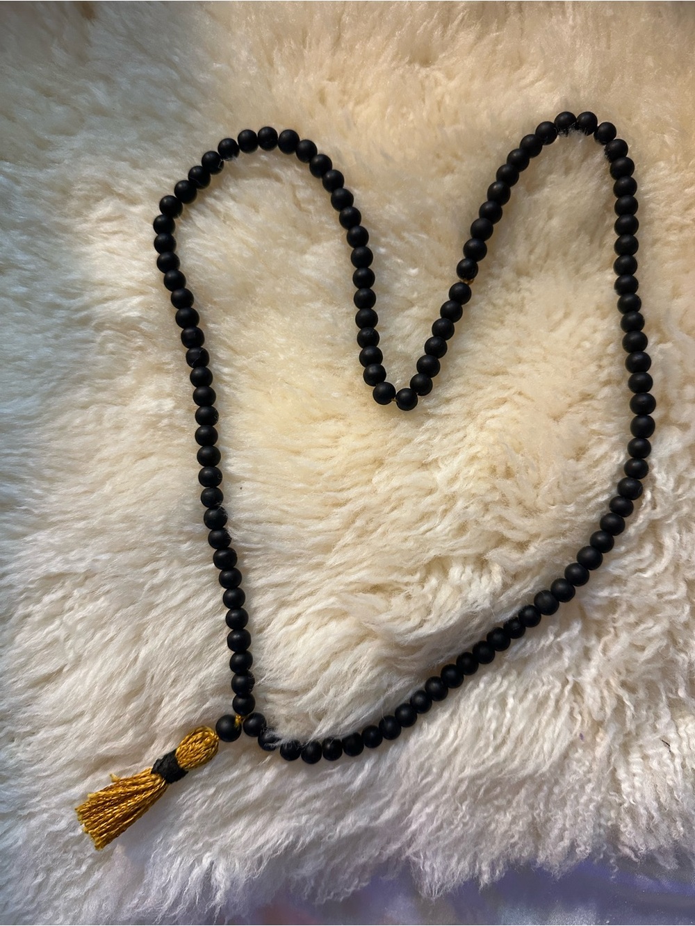 Black Bead mala with Gold Tassel